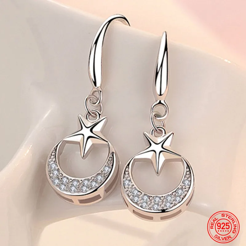 

TIEEYINY 925 Sterling Silver Star Moon Dangle Earrings For Women Fashion Party Jewelry Accessories