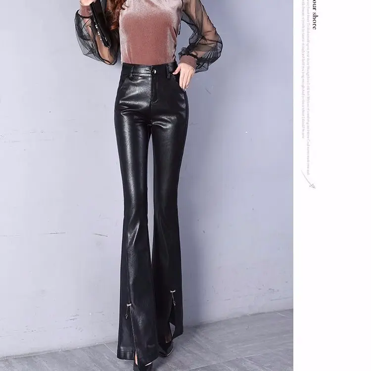 

2023 New Fashion PU Leather High Rise Flare Pants for Women Elastic Trousers Pant Regular Fitting Chic Fashion Clothes T620