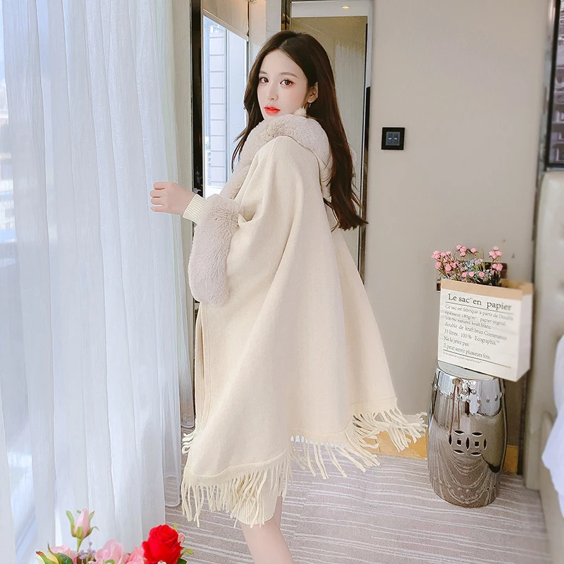 Женская винтажная шаль с рукавами летучая мышь и капюшоном меховым воротником