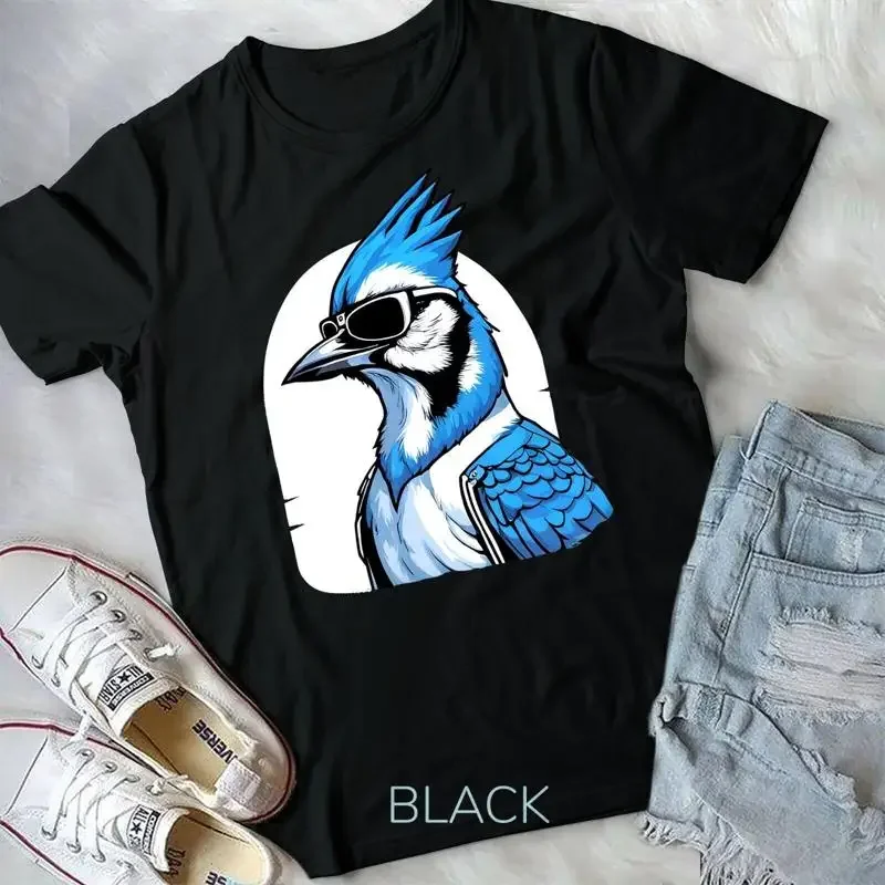 Фото Футболка унисекс Art Blue Jay с изображением Blue Jay в солнцезащитных очках, премиум-качества. №1