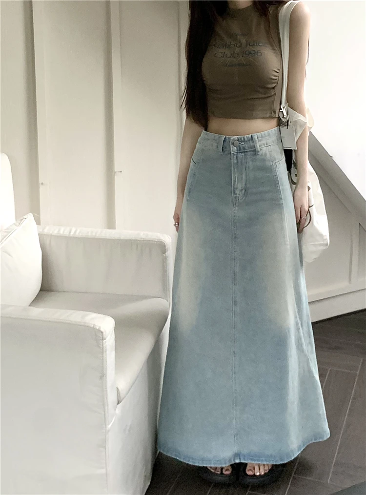 

Women's Light Blue Wrap Buttocks A-line Fishtail Denim Skirt Female Vintage Casual Streetwear Summer Straight Mid-length Skirt