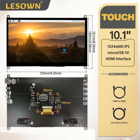 Дисплей LESOWN Raspberry Pi 10, 1-дюймовый сенсорный монитор 1024x600 HDMI 5 В с питанием от USB, IPS-экран 16:9 для Raspberry Pi 4/3/2
