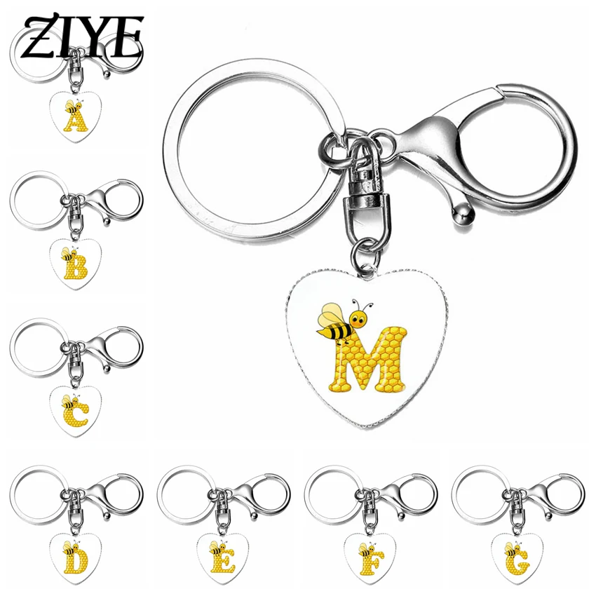 

Fashion 26 Initial Letters Keychains Cartoon Cute Bee Honeycomb Alphabet Glass Dome Lobster Clasp Pendant Key Rings Gift Jewelry