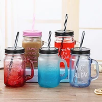 frosted gradient water cup color transparent cup mason cup with lid straw cup juice cup milk tea cup travel portable water cup