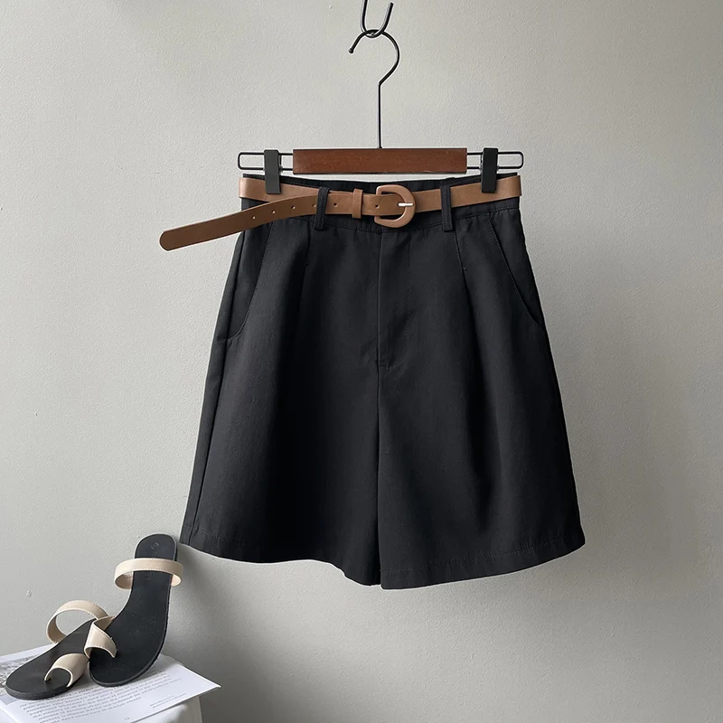 2023 Summer High Waist Chic Khaki Black Shorts Women Leisure Fashion Loose Korean Style All-match Solid Simple fifth pants
