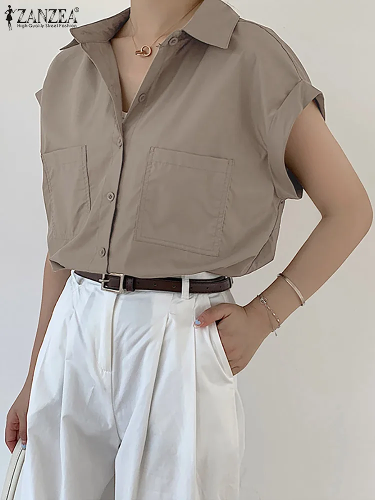 

ZANZEA Women Short Sleeve OL Work Shirt Summer Lapel Neck Buttons Solid Blouse Fashion Tops Female Elegant Office Blusas Chemise