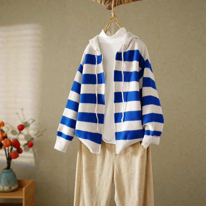 The fall pull rope hooded sweater zipper cardigan women 2022 spring and autumn new loose casual striped sweater coat