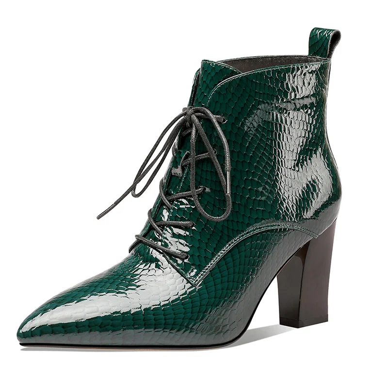 

Женские ботильоны из натуральной кожи с узором на высоком каблуке, черные, красные, зеленые ботинки на шнуровке, привлекательная женская обувь с острым носком для осени и зимы