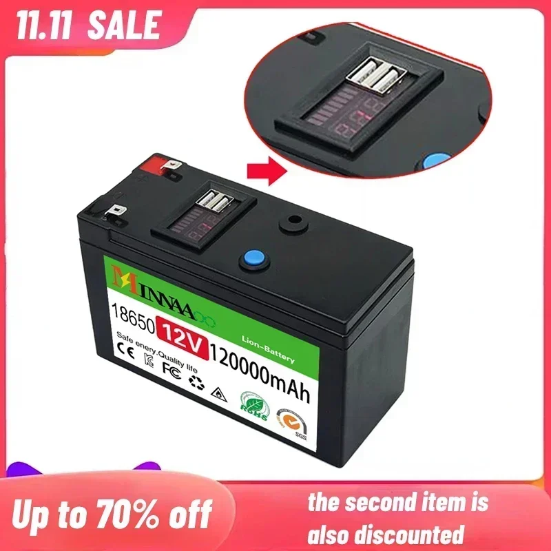 

2023 Upgraded LiFePO4 Lithium Battery 12V 120Ah Portable Rechargeable Battery Built-in 5V 2.1A Usb Power Display Port Charging