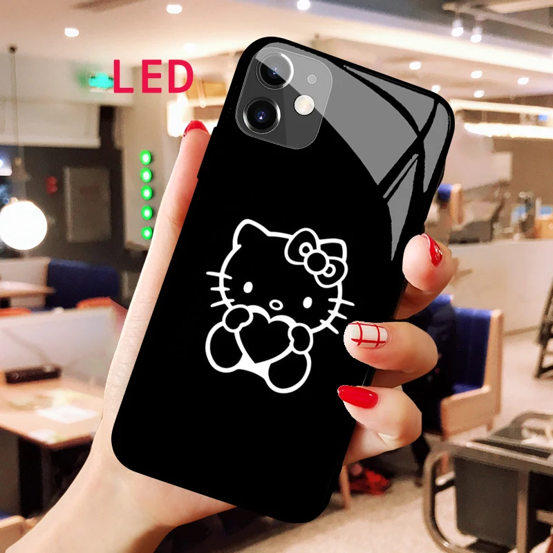 

Hello Kitty Luminous Tempered Glass phone case For samsung note 20 21 22 FE Pro ultre plus Luxury Fashion LED Backlight cover