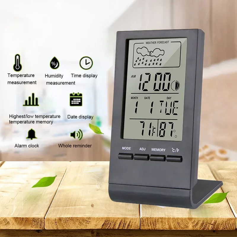 

LCD Indoor Thermometer Hygrometer Alarm Clock Calendar Weather Station Desk Clock Temperature Humidity Meter Barometer