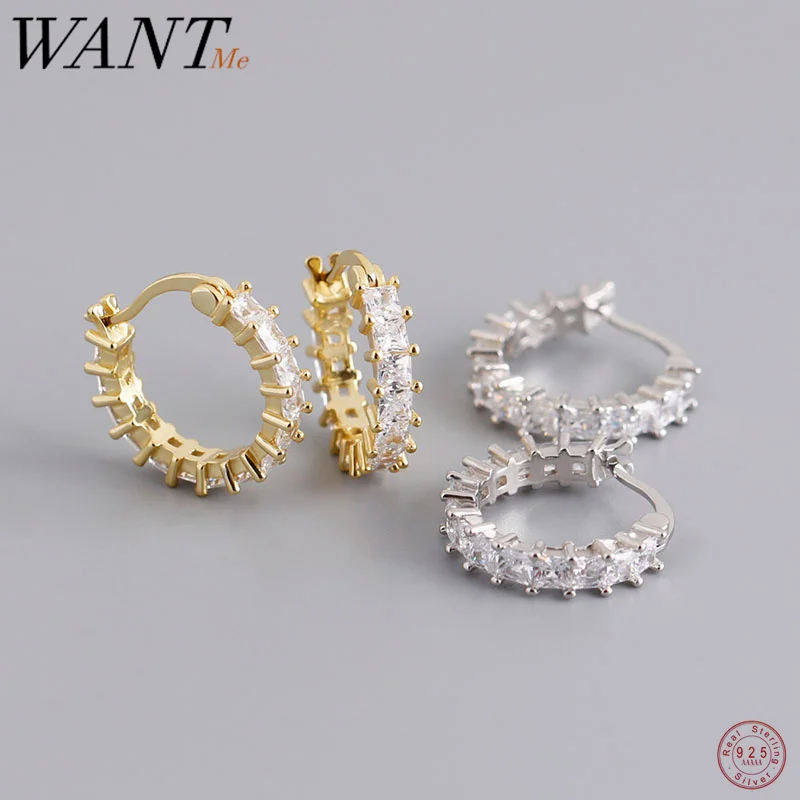

WANTME 925 Sterling Silver Luxury Shiny Square Zircon Huggies Hoop Earrings for Women Fashion Hip Hop Rock Party Jewelry Gift