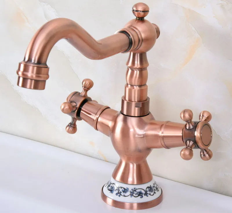 

Antique Red Copper Dual Cross Handles Ceramic Base Bathroom Kitchen Basin Sink Faucet Mixer Tap Swivel Spout Deck Mounted mnf615