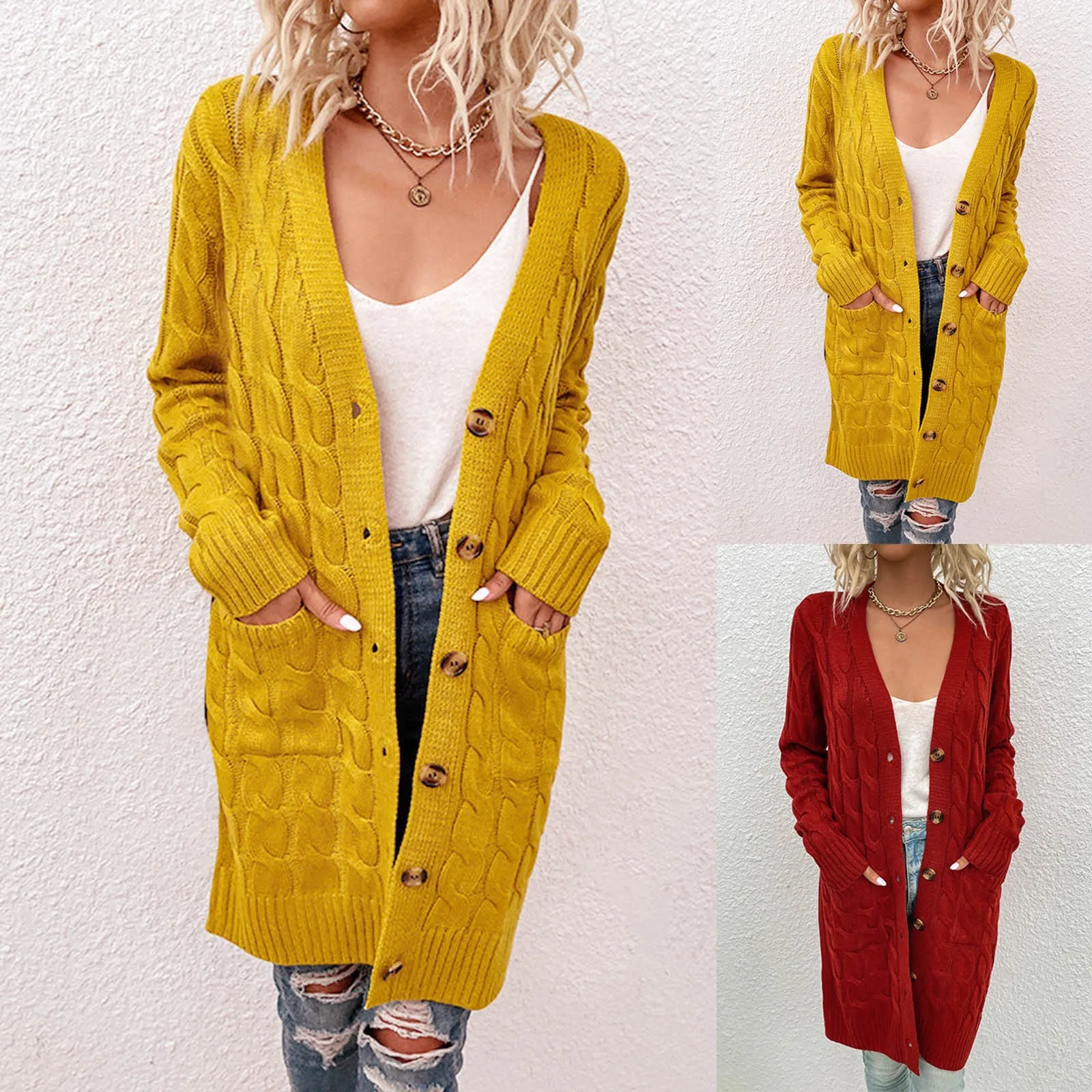 

Womens Open Front Sweater Women Fahion Winter Color Matching Knitting Cardigan Sweater Colorblock Sleeve Womens Long Wool Coats
