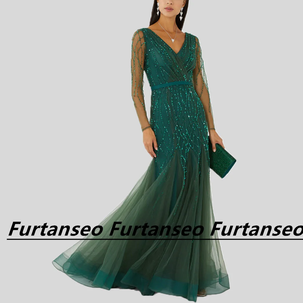 

Gorgeous Tulle Prom Dresses Long Sleeve Beaded Sequins V-Neck Mermaid Evening Gown Backless Back Zipper Formal Occasion Dress