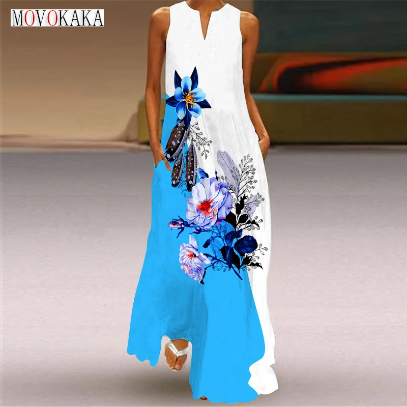

MOVOKAKA Ladies Spring Summer Long Dress Sleeveless Loose V-neck Blue White Print Elegant Dresses Casual Beach Maxi Dress Women