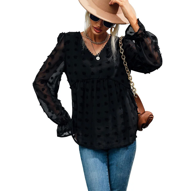 

2022 Spring Women's Blouse Black Casual Solid Color Women Blouses V-neck Fashion Tops Pullover Mesh Long Sleeved Shirt