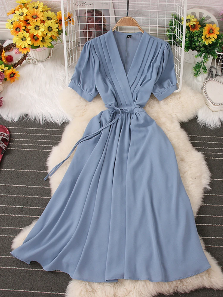 

Женское платье с коротким рукавом Fitaylor, повседневное длинное платье с v-образным вырезом на шнуровке, винтажное облегающее однотонное плать...