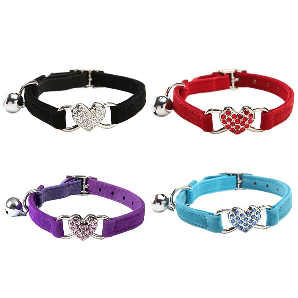 

4pcs Rhinestone Heart Pet Collar Pet Neck Ring Adjustable Cat Collar with Bell