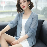 knitted sweater coat cardigan women korean short sweater long sleeve v neck solid air conditioning thin coat sweaters x113