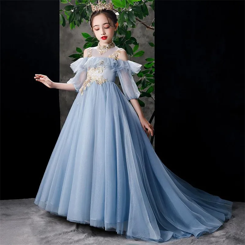 

New Blue Princess First Communion Dresses Flower Girl Dresses Vestidos Prom Pageant Party Dress Special Event