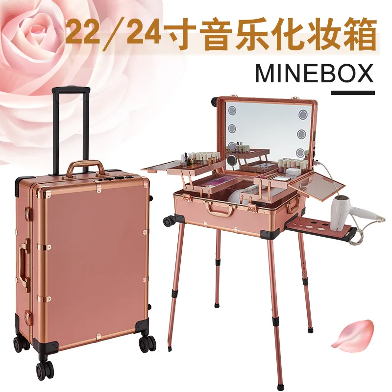 

22-Inch Cosmetic Case with Light Bluetooth Audio Tempered Glass Bracket Trolley Makeup Tattoo Embroidery Storage Toolbox