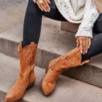 winter women western mid calf boots pu leather handmade embroider platform chunky heel zip retro shoes ladies female whosale