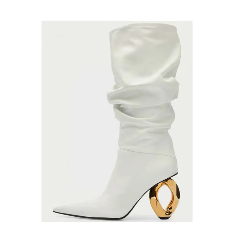 

Luxurious Boots Mid-Calf Western Strange Style Heels Pointed Toe Laies Shoes Designer Botas Mujer Mental Decoration Sapato