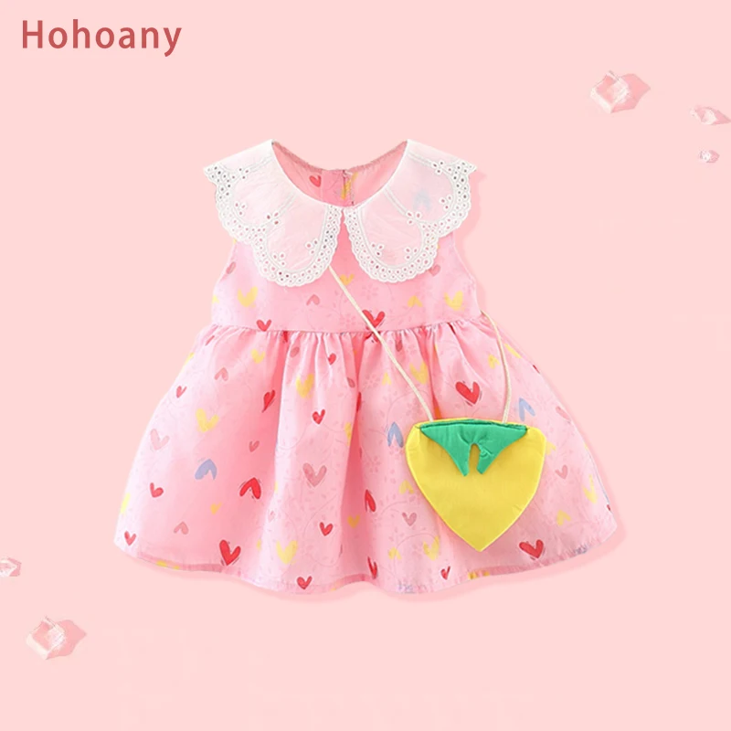 2Pcs/Set Hohoany Summer Baby Girl Dress Sweet Love Toddler Kids Wear Hollow Lapel Sleeveless Thin Children Clothes 0 to 3 Years