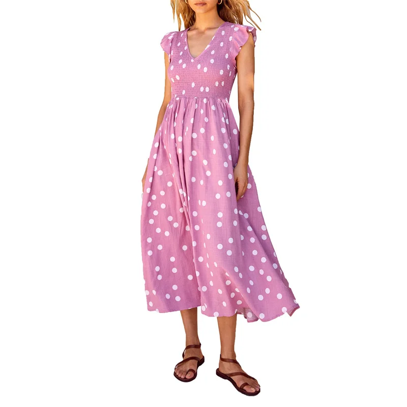 

hirigin Vintage Women Ruffles Sleeve Dress with Dots Pattern Print Boho Beach Long Dress Summer Clothing Female Vestidos 2022