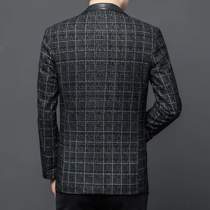 Джентльменские кожаные пиджаки в клетку для мужчин костюмы из овчины облегающие