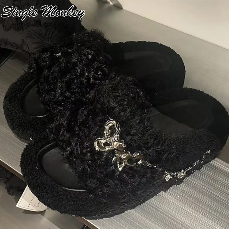 

Женские меховые шлепанцы на платформе, повседневные дизайнерские шлепанцы на плоской подошве, зимние шлепанцы, 2022