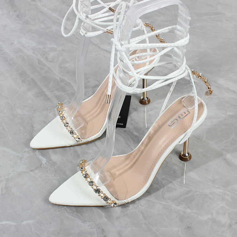 Fashion Women's Shoes 2023 Summer New Pointed Toe Open Toe Crystal Chain High Heels Ankle Strap Sexy Party Stiletto Sandals