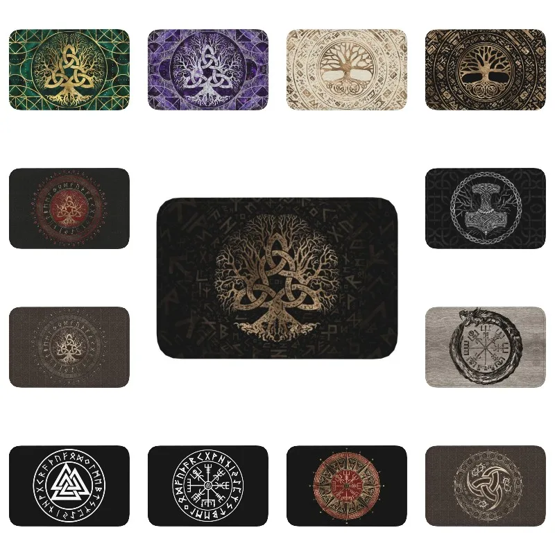 

Tree Of Life With Triquetra On Futhark Front Floor Door Entrance Mat Outdoor Viking Kitchen Bathroom Doormat Toilet Carpet Rug