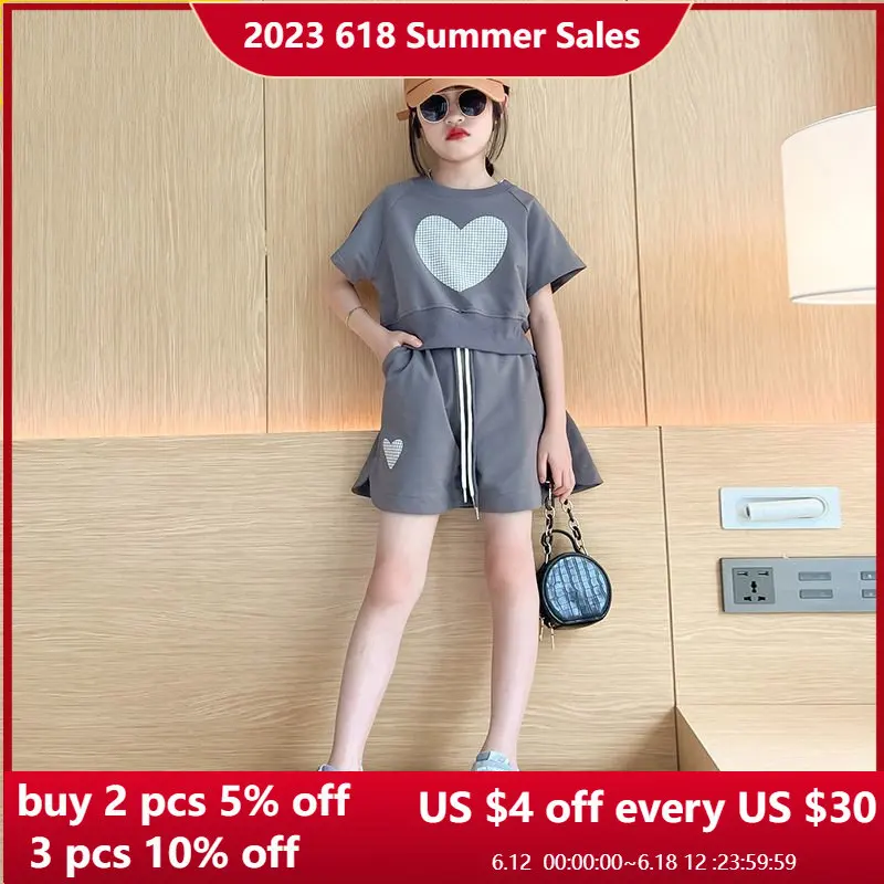 

Korea Girls Shorts Set Summer Children's Love Short Sleeved and Pants 2Pcs Outfits Kids Leisure Clothing Tracksuits