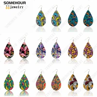 somehour african ethnic fabric art print wooden drop earrings flowers bohemian waterdrop tear pendant dangle jewelry for women