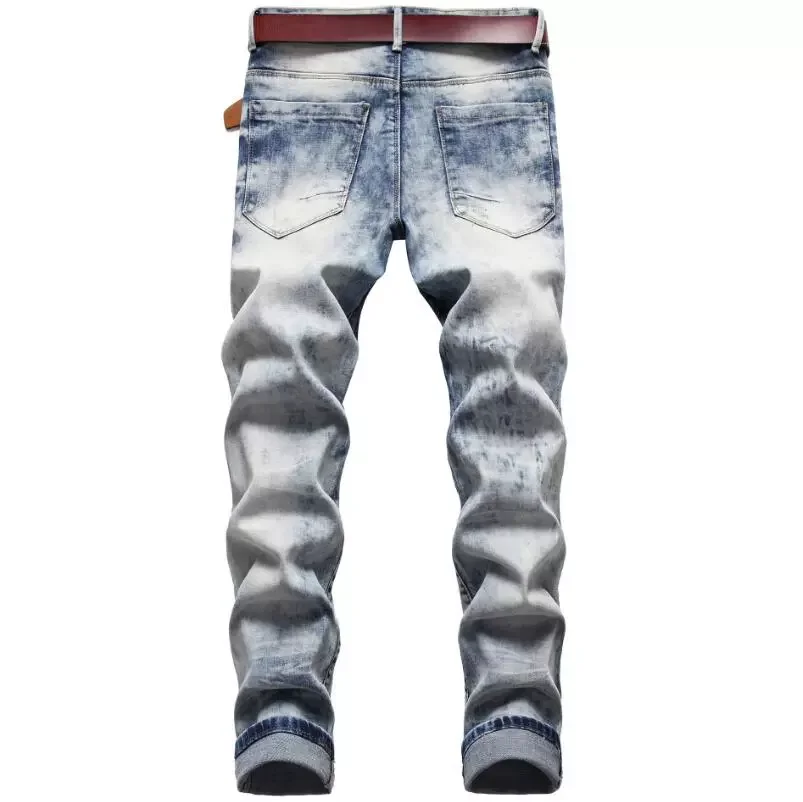 

Straight Fit Long Jeans Pants Light Grey Patch Stretch Jeans High Quality Man Nostalgic Vintage Jeans 42 Holes Denim Jeans