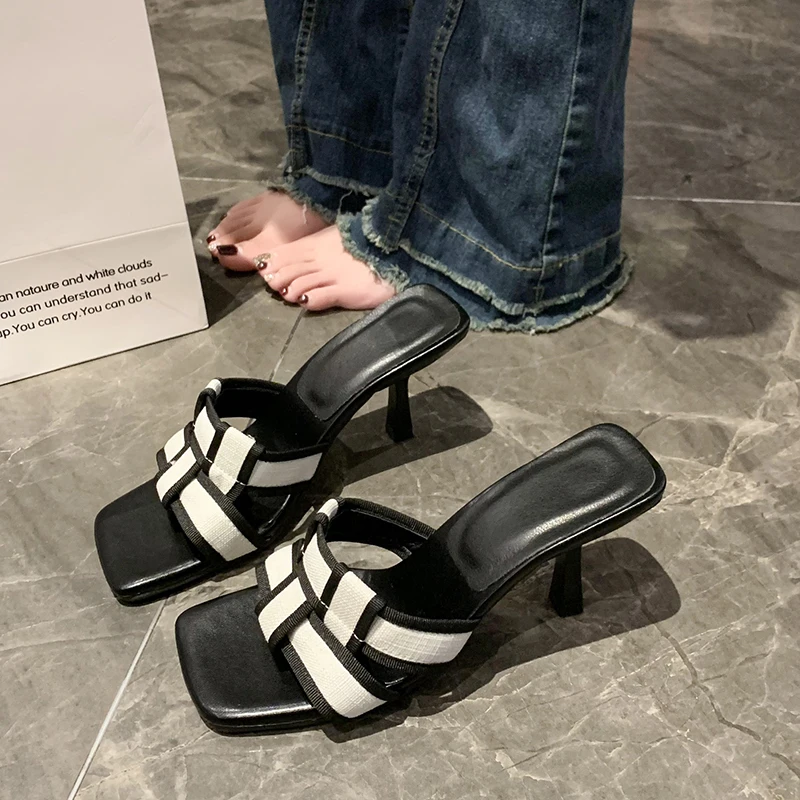 

Шлепанцы на каблуке, высокие сандалии из искусственной кожи, квадратный носок, на резиновой подошве, В Гавайском ретро стиле, тонкая обувь в ретро стиле