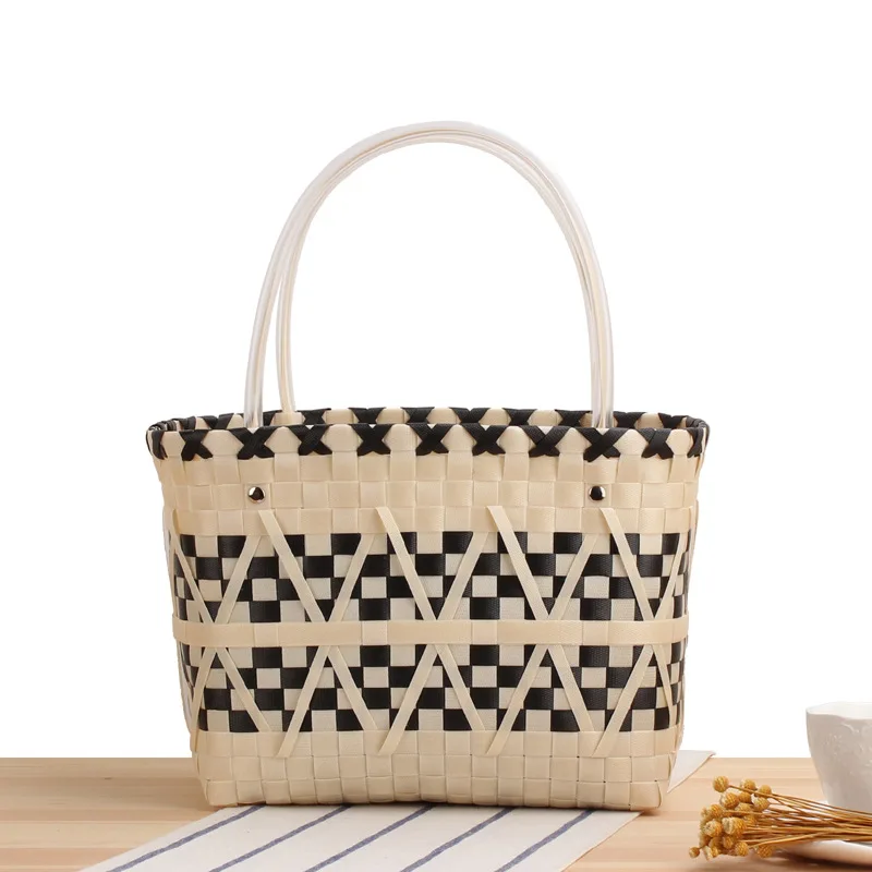 

Vegetable Basket Woven Bag Black White Color Matching Tote Shopping Bag Women's Travel Decorative Bag Girl Photo Accessories