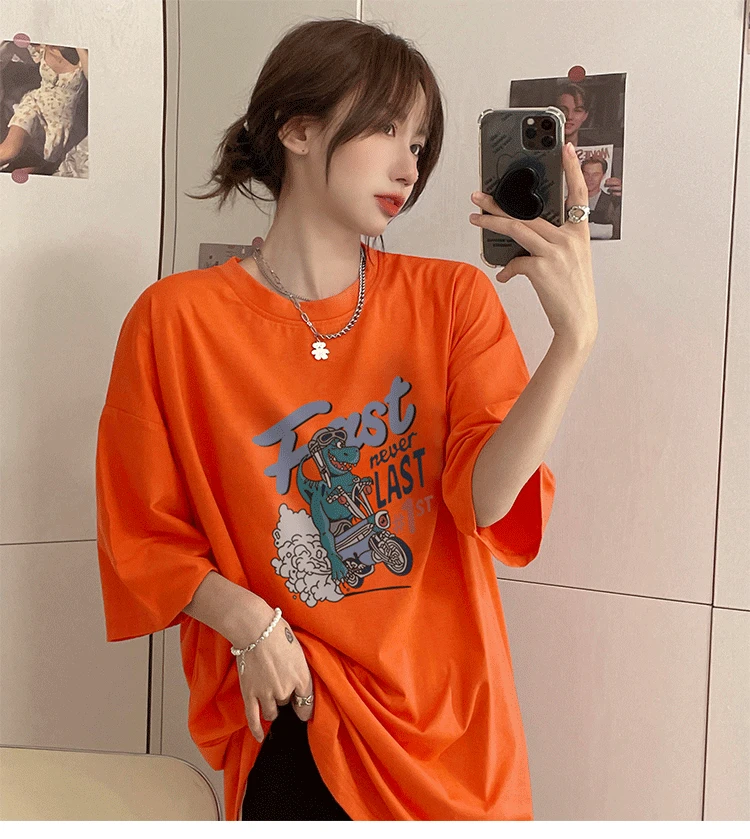 

Summer New Women Loose Short Sleeve T-Shirts Funny Cartoon Printing Cotton Round Neck All-Match Casual Tees Female Chic Tops Ins