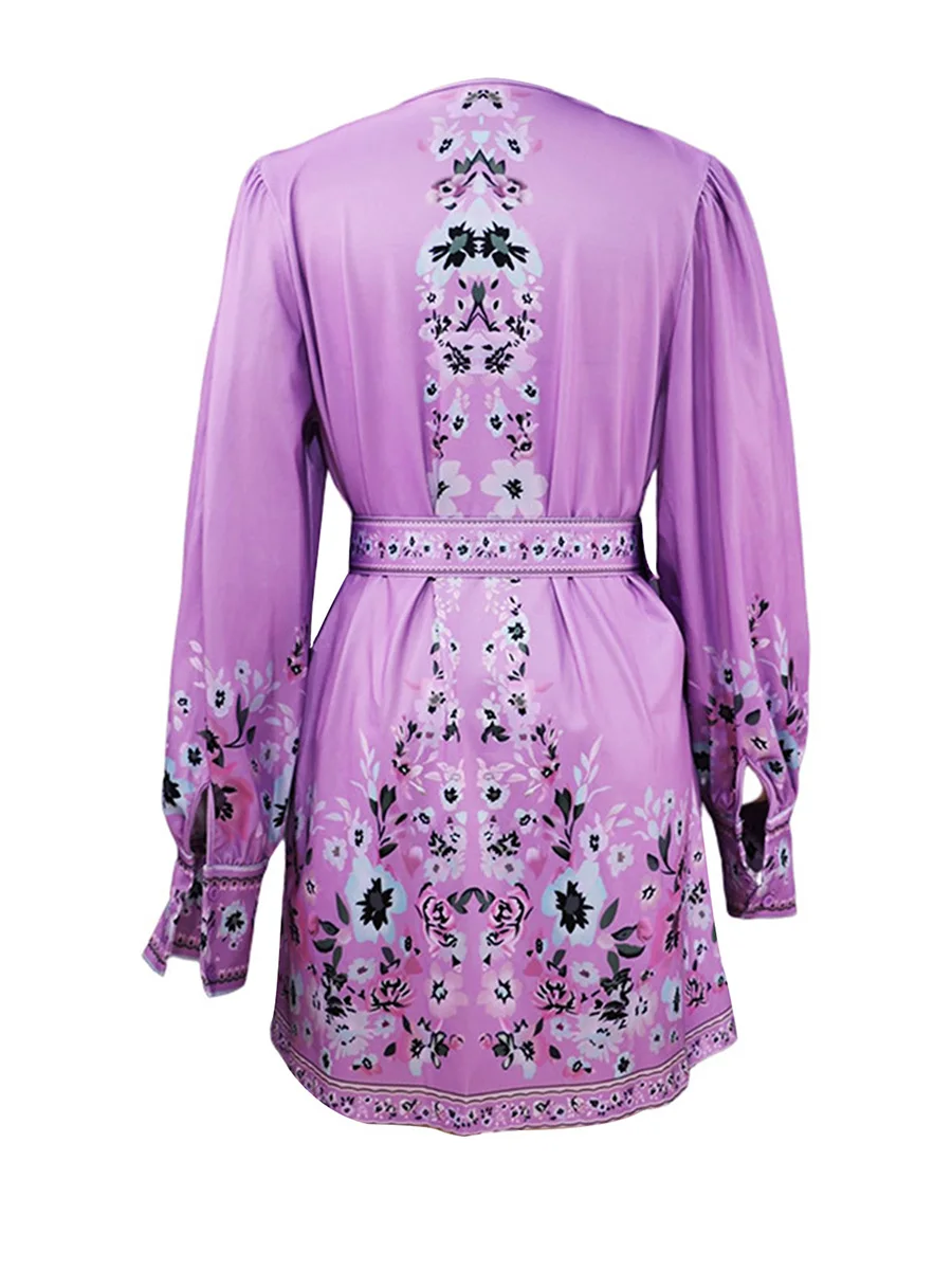 

Женское винтажное платье-трапеция с цветочным принтом, длинным рукавом, V-образным вырезом и поясом, элегантный повседневный пляжный сарафан в богемном стиле
