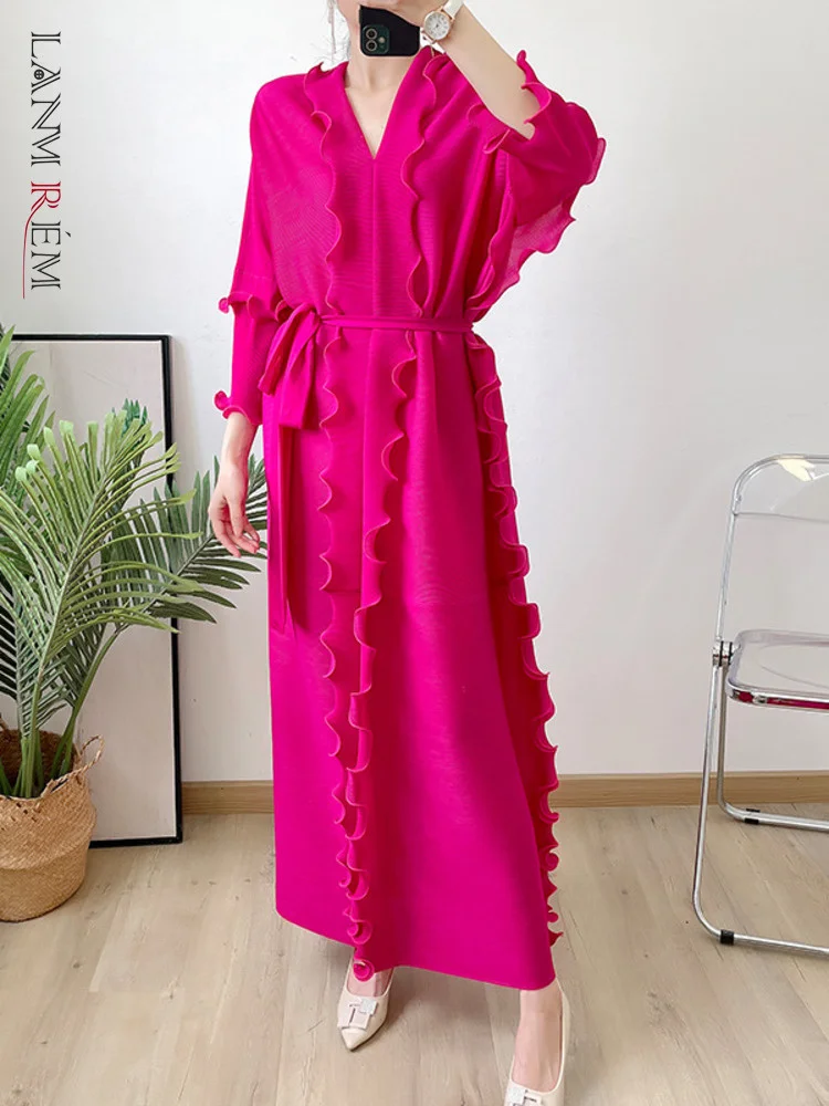 

LANMREM Pleated Ruffles Dress Women Elegant V Neck Belt Gathered Waist Solid Color Long Dresses Fashion 2023 Autumn New 2AA2101