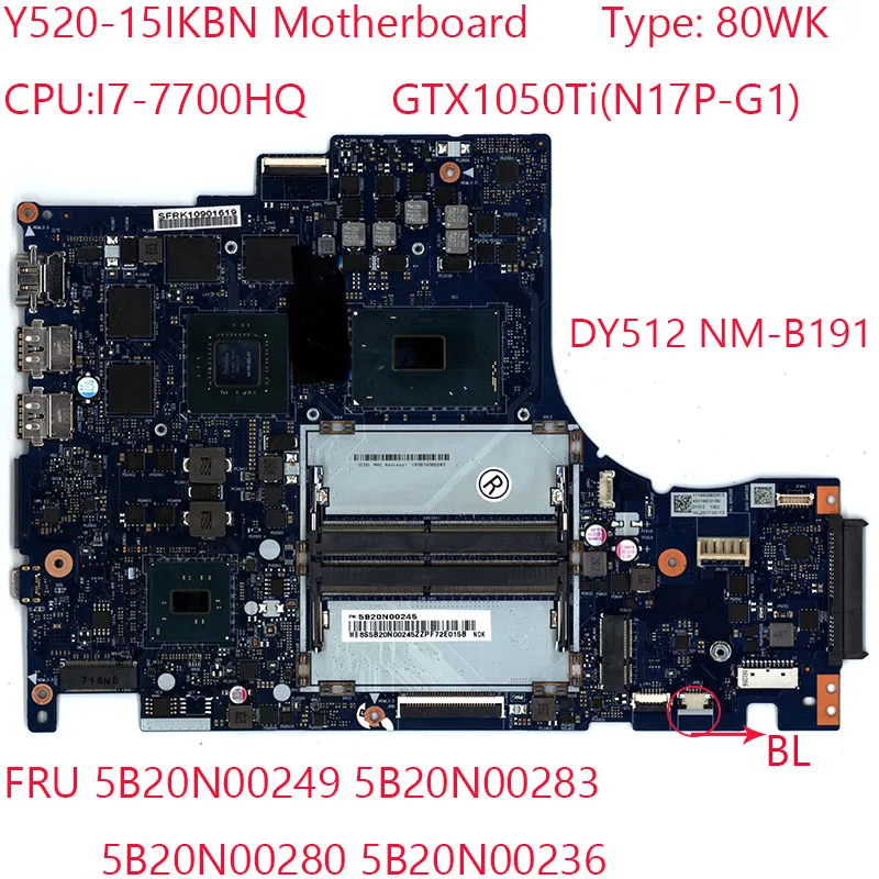 

Материнская плата DY512 NM-B191 5B20N00249 5B20N00283 5B20N00280 5B20N00236 для ноутбука 51wk 7700HQ 1050Ti
