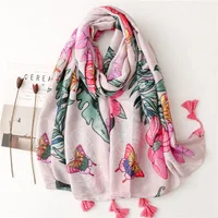 Fashion Women Tropical Plant Flower Cotton Linen Handmade Braided Beach Towel Shawl Silk Scarf