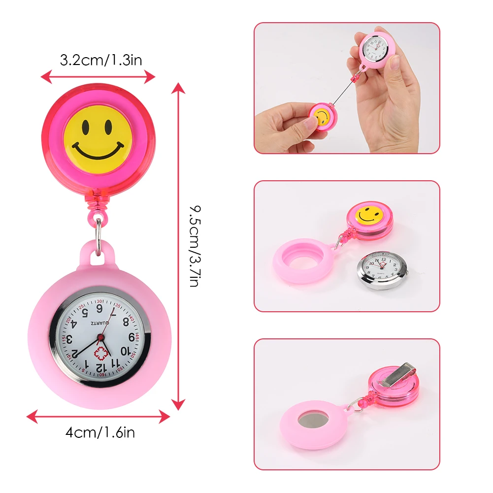 Quartz Pocket Watch for Nurse Cute Pink Smiling Clip-on Fob Brooch Hanging Watch Led Pupil Penlight Gift Set for Medical Doctor