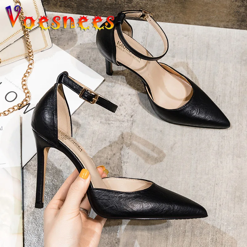 

Summer Buckle Strap Heels Pumps Temperament Black Office Closed Pointed End Cool Shoes Women 2022 New Side Hollow Single Shoes