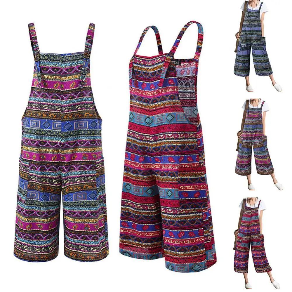 

Women Retro Sleeveless Printed Pockets Bib Overall Jumpsuit Wide Leg Capri Pants