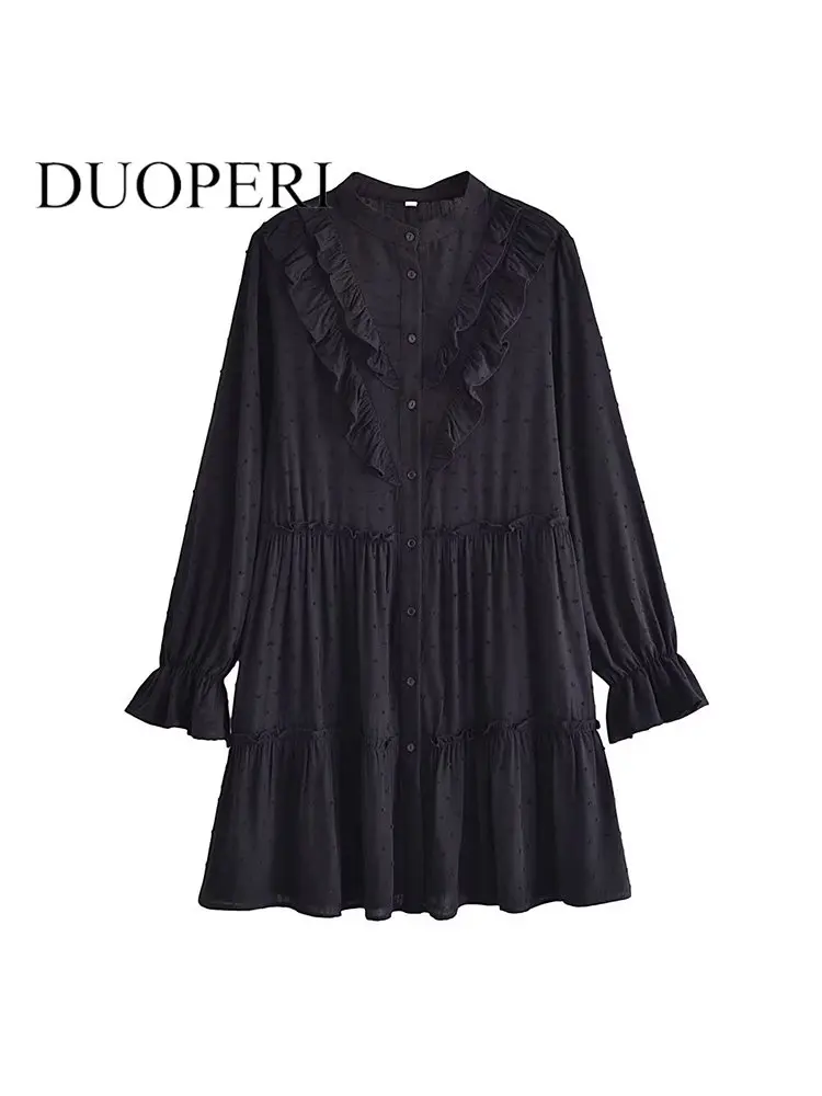

DUOPERI Women Fashion Solid Tierred Mini Dress Vintage Single breasted O-Neck Long Sleeves Female Chic Dresses