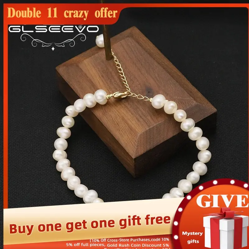 

GLSEEVO Green Jade Natural Freshwater Pearls Long chain Women's Adjustable Pendant Bracelet Retro Classic Anniversary Gifts