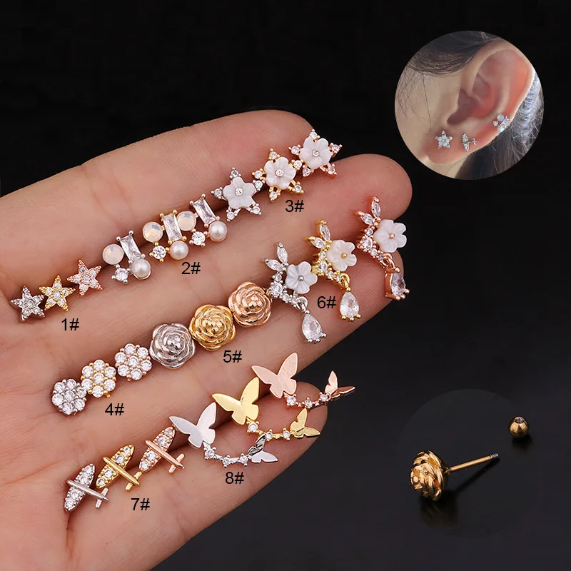

Fashion 1PC 20g Stainless Steel Ear Piercing Jewelry Cz Cartilage Earrings Helix Tragus Conch Rook Lobe Screw Back Stud Earring